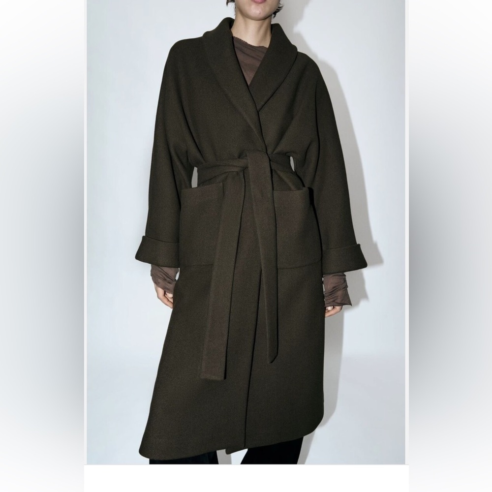 ZARA Mantego premium collection belted olive green wool coat